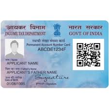 A sample Indian Permanent Account Number (PAN) card displaying the Income Tax Department logo, applicant's name, father's name, date of birth, and a QR code.